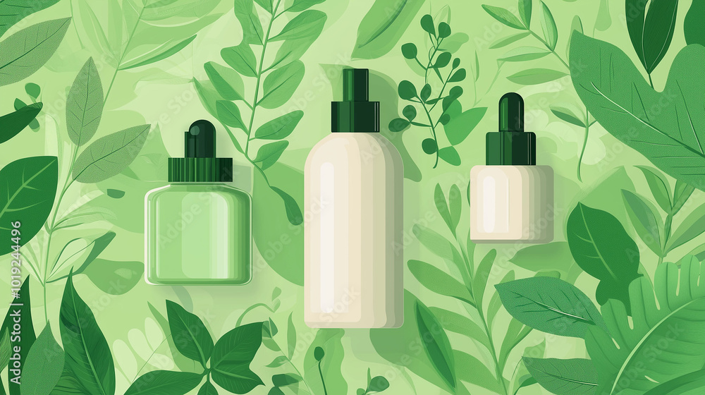 Cosmetic bottles with green leaf background for natural skincare products Cosmetic bottles with green leaf background for natural skincare products