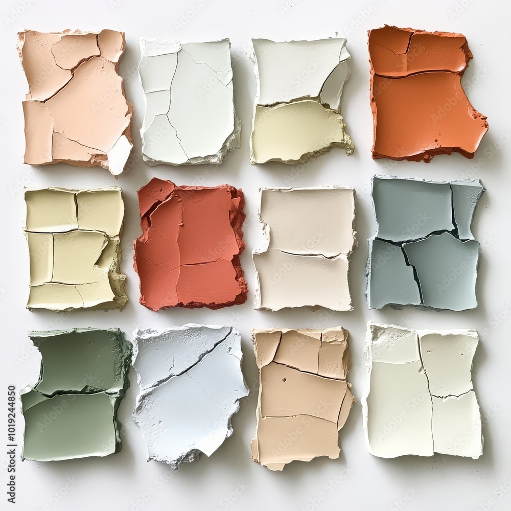 Twelve textured paint chips in varied pastel colors arranged in a grid pattern, showcasing unique cracked surfaces. Twelve textured paint chips in varied pastel colors arranged in a grid pattern, showcasing unique cracked surfaces.