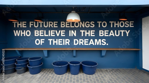 Dark blue wall with text and a few buckets and lampshade photo