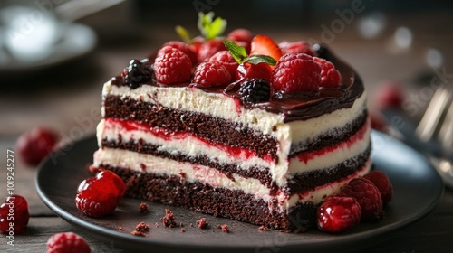 Wallpaper Mural A slice of chocolate cake with white frosting and fresh berries on a black plate. Torontodigital.ca