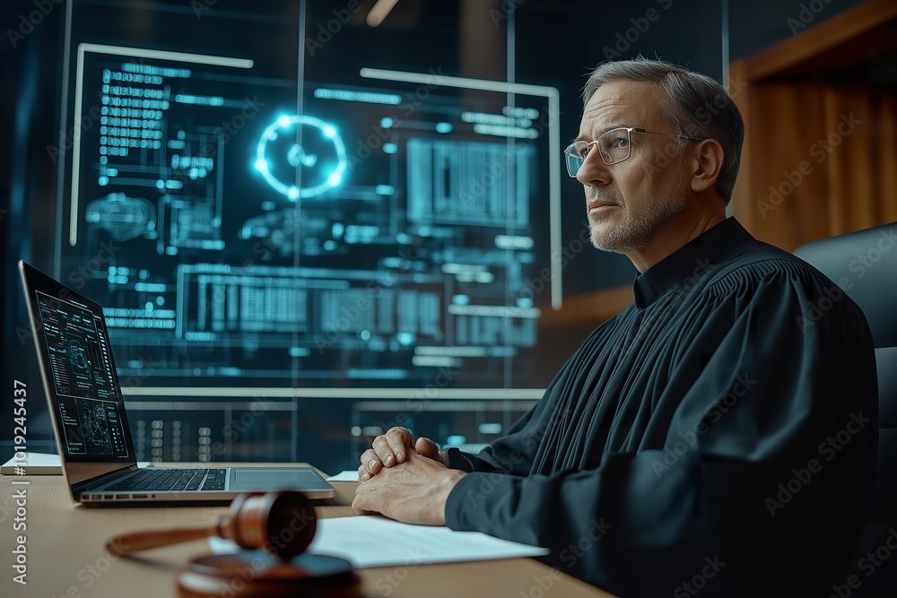 A futuristic courtroom featuring a judge with a digital interface and large screen, showcasing advanced technology in legal proceedings A futuristic courtroom featuring a judge with a digital interface and large screen, showcasing advanced technology in legal proceedings