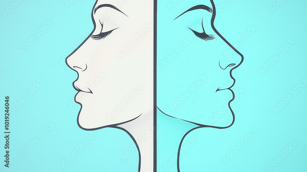 Side profile of a woman's face, split in half, one side white, the other blue. Side profile of a woman's face, split in half, one side white, the other blue.