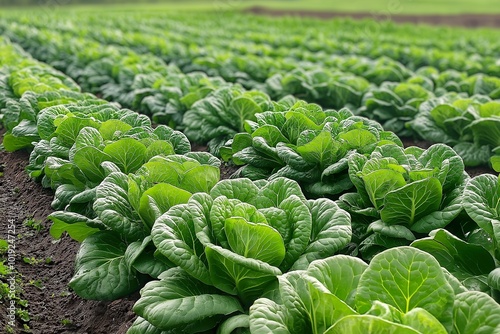 A lush field of fresh vegetables growing abundantly in daylight, highlighting rows of crisp lettuce in a vibrant green landscape