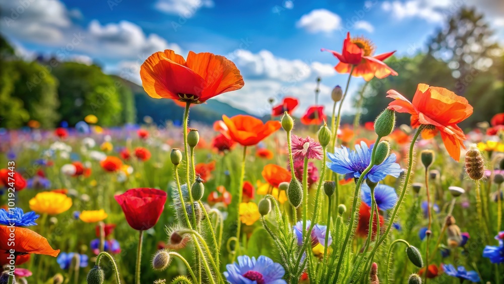 Vibrant poppies and diverse wildflowers sway gently in the breeze, set against a soft focus backdrop of lush green foliage in a serene summer meadow. Vibrant poppies and diverse wildflowers sway gently in the breeze, set against a soft focus backdrop of lush green foliage in a serene summer meadow.