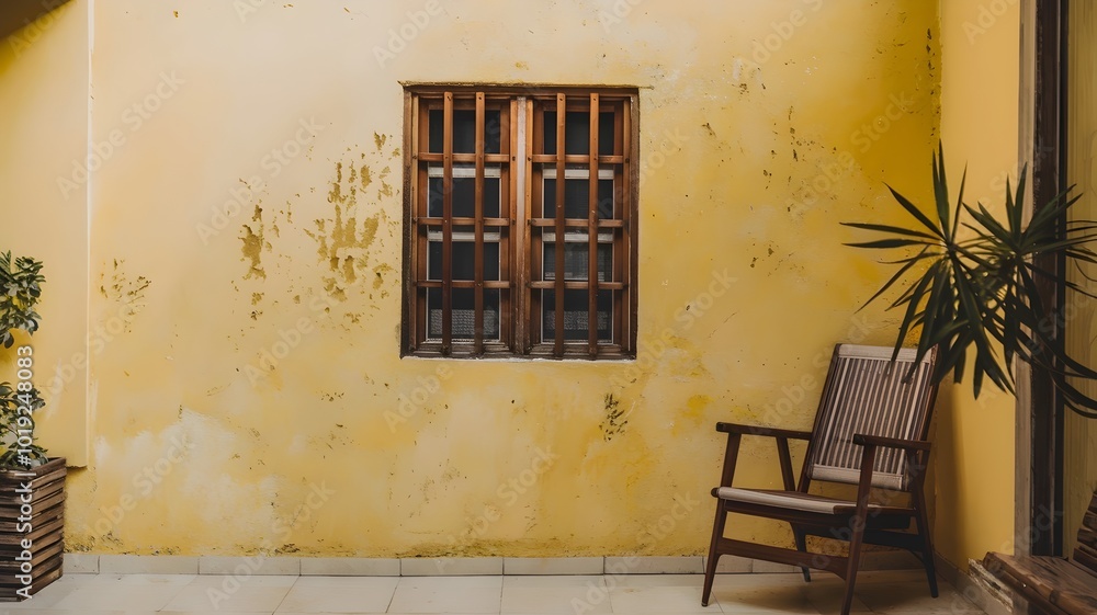 Fototapeta premium Cozy yellow wall with wooden window bars, chair, and potted plant