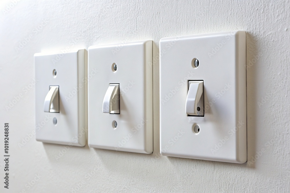 Three modern toggle light switches mounted on a white wall, easily accessible to control lighting fixtures, with a slight shadow adding depth to the image. Three modern toggle light switches mounted on a white wall, easily accessible to control lighting fixtures, with a slight shadow adding depth to the image.