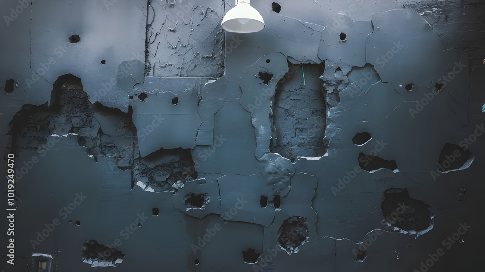 Dark blue wall with holes, cracks, and a hanging light fixture Dark blue wall with holes, cracks, and a hanging light fixture