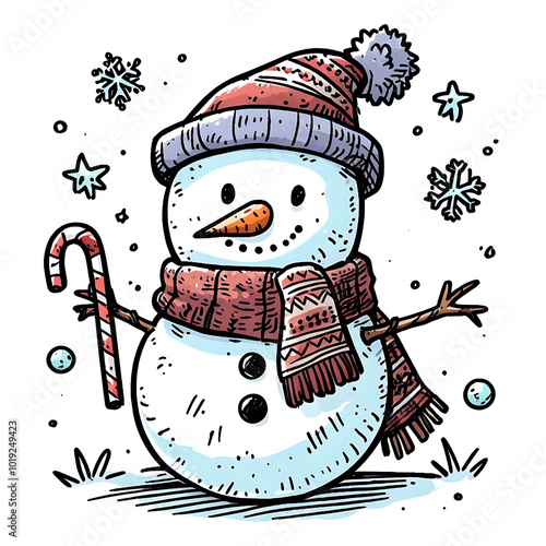 Christmas cute snowman with red hat cartoon style with white background for Christmas season, genereted by IA