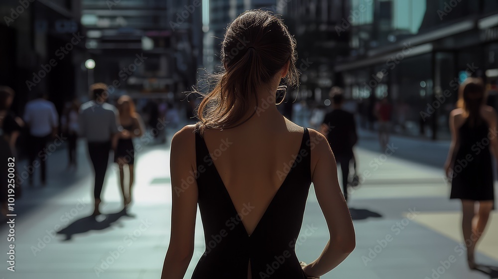 Fototapeta premium Woman in a stylish black dress walking in a bustling urban street, capturing the essence of city life and modern fashion.