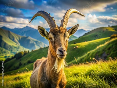 Majestic goat with large, curved horns grazes peacefully on lush green grass in a serene, sun-drenched pasture surrounded by rolling hills. photo