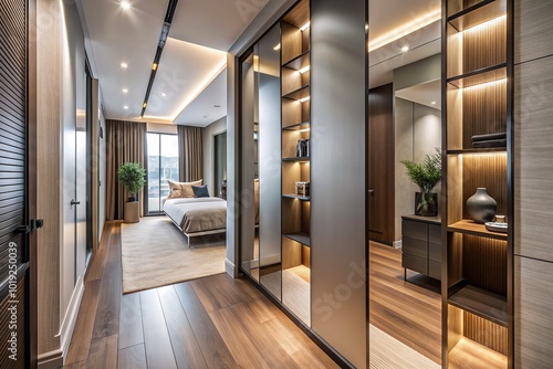 Narrow room's walls visually expand as a floor-to-ceiling mirror reflects the space, creating an optical illusion of grandeur and sophistication.