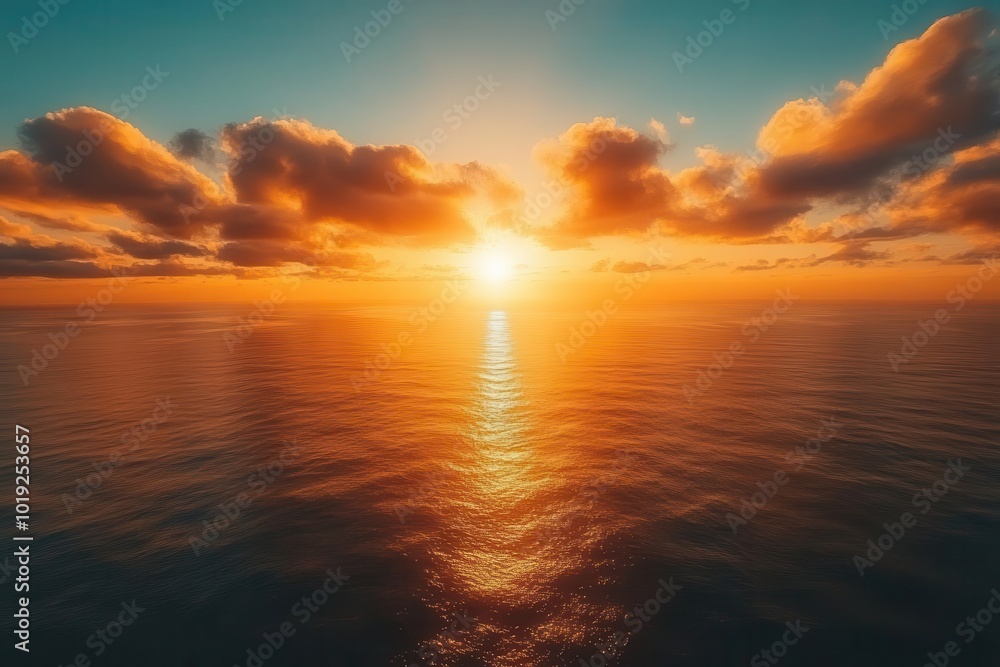Obraz premium radiant sky filled with fluffy clouds glowing from the warm hues of sunrise casting a serene and inspiring mood over the horizon