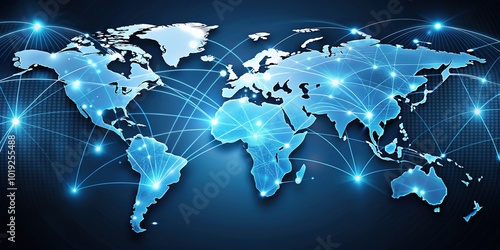 Global network connection concept: lines and points on world map illustrate digital link technology for big data analytics and business intelligence in modern international trade.