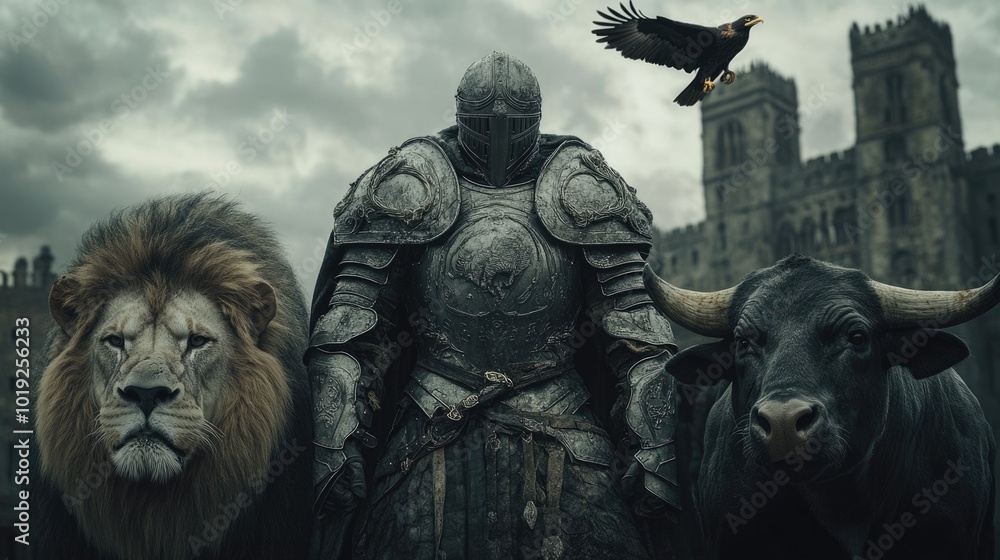 Fototapeta premium Symbolic creatures in Revelation: a lion for power, a bull for sacrifice, a man for reason, and an eagle for swiftness, representing divine vigilance and eternal praise.
