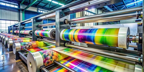 Commercial printing press in action, rolls of paper feeding through machine, colorful inkjet prints emerging, industrial manufacturing process in progress. photo