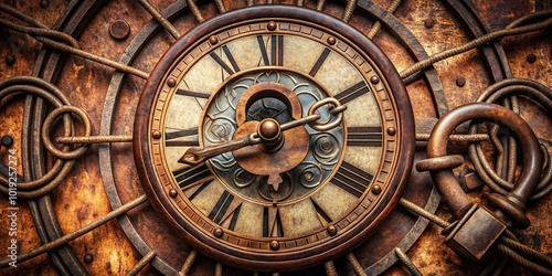 Vintage clock with Roman numerals and intricate hands locked in place by a rusty padlock, symbolizing the start of a new workday or productive era.