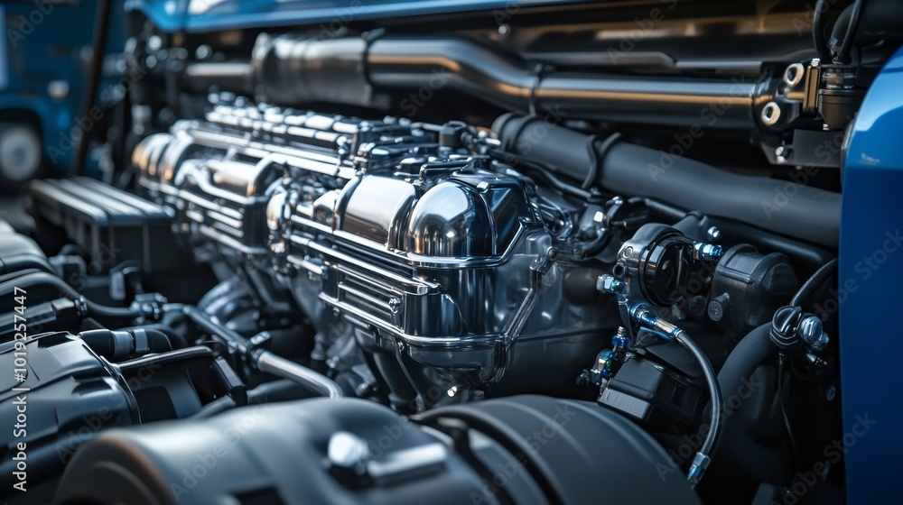 Close up shot of diesel truck engine