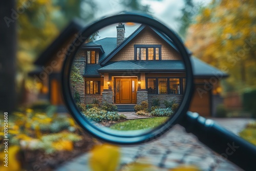 real estate concept featuring a magnifying glass over a house symbolizing the search for lodging and property investments in a competitive market