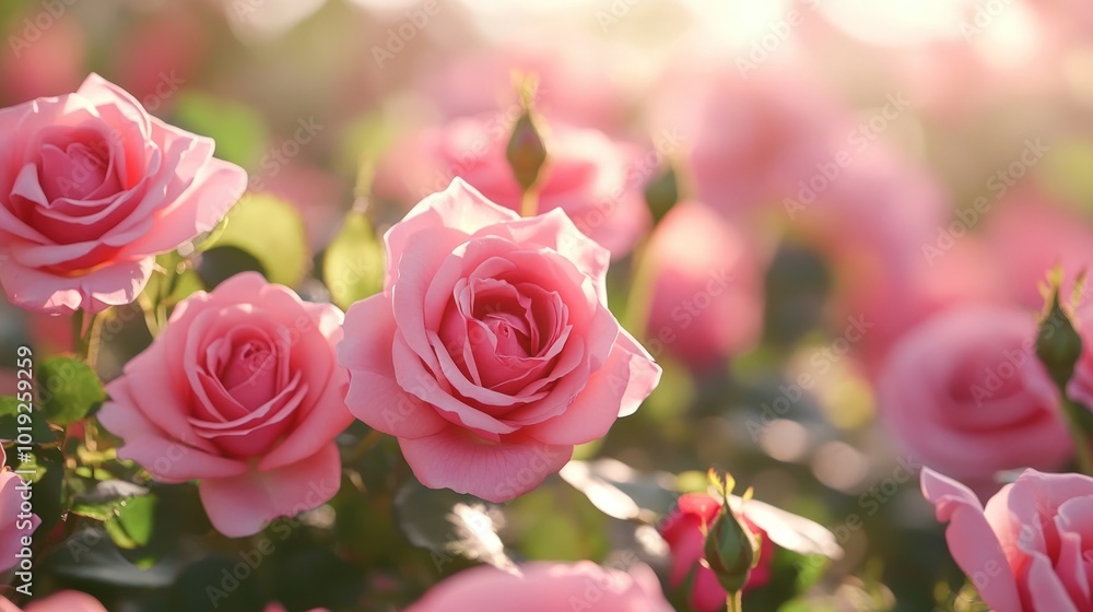 A field of pink roses in full bloom, bathed in soft sunlight. A field of pink roses in full bloom, bathed in soft sunlight.
