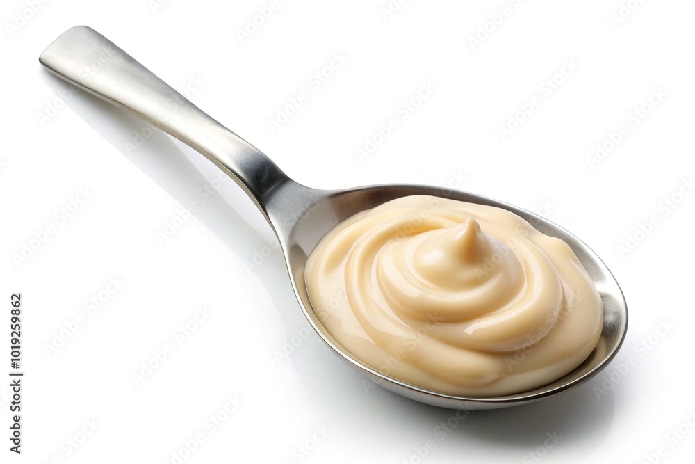 A single spoon lies on a white background, filled with a rich, creamy mayonnaise sauce, glistening with texture and inviting aromas, top view. A single spoon lies on a white background, filled with a rich, creamy mayonnaise sauce, glistening with texture and inviting aromas, top view.