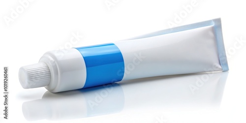 Close-up of a white toothpaste tube with blue and white label on a pure white background, showcasing oral care product in a clean and minimalistic setup. photo