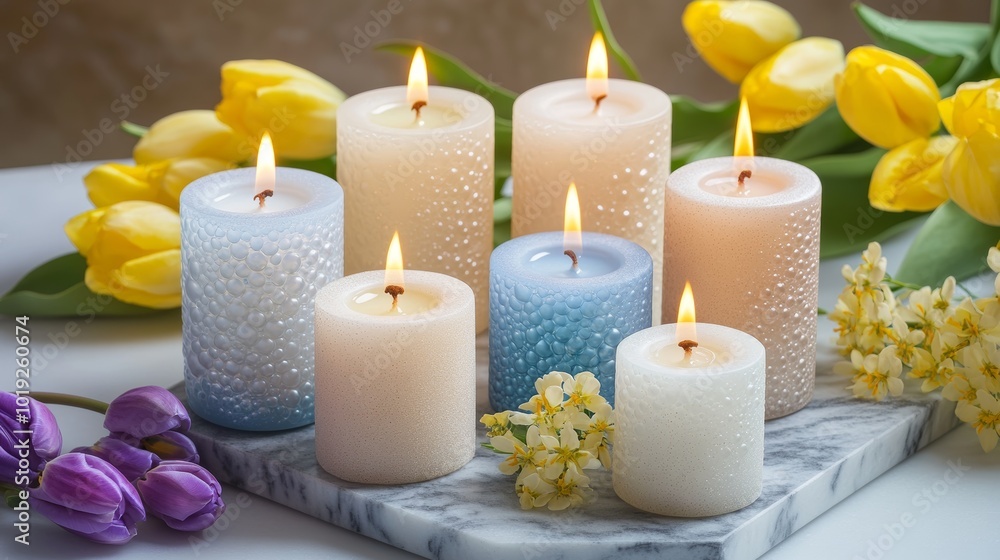 Many bubble candles - off-white beige-colored and blue - on marble board with spring flowers - yellow and purple tulips Many bubble candles - off-white beige-colored and blue - on marble board with spring flowers - yellow and purple tulips