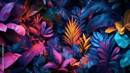Modern layout installed with tropical colorful plants forest glow in the dark background stylized as futuristic art