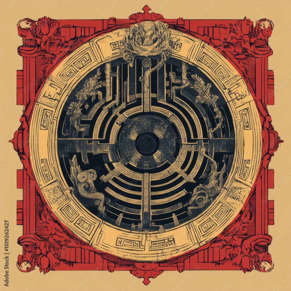 Obraz premium Circular pattern with a maze, dragons and other mythical creatures surrounding a black disc.