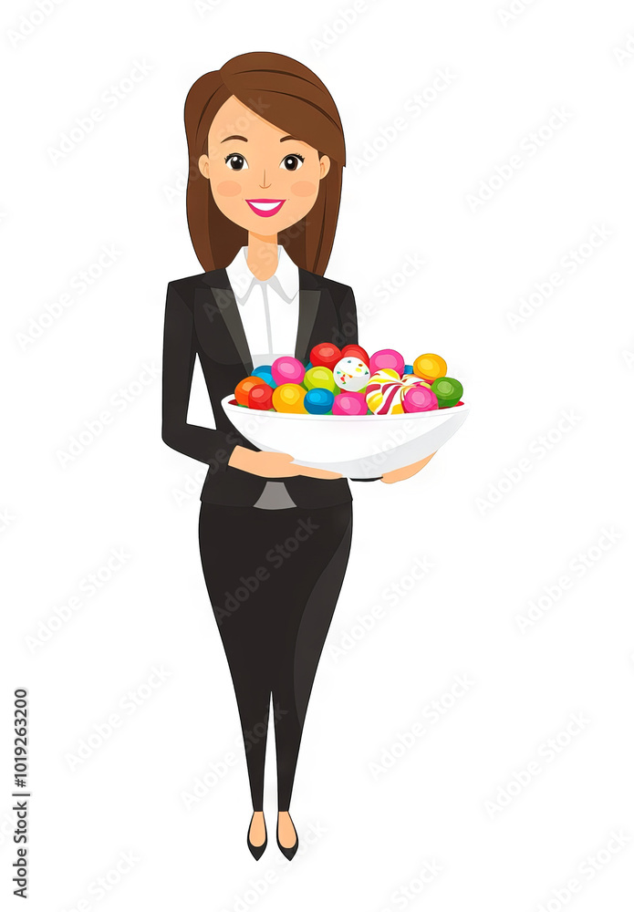 Businesswoman Holding Candy Bowl Transparent Background Illustration - Ideal for Design and Overlays Businesswoman Holding Candy Bowl Transparent Background Illustration - Ideal for Design and Overlays