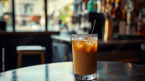 A glass of iced coffee sits on a table in front of a bar photo