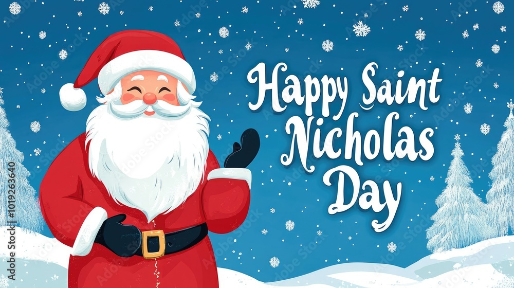 Jolly santa claus in white beard and red suit waving in snowy winter landscape with happy saint nicholas day text, celebrating happiness and cheer, happy st. nicholas day, ai Jolly santa claus in white beard and red suit waving in snowy winter landscape with happy saint nicholas day text, celebrating happiness and cheer, happy st. nicholas day, ai