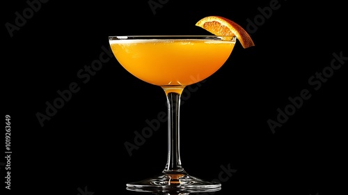 A close-up of a classic cocktail with an orange peel garnish in a coupe glass against a black background. photo