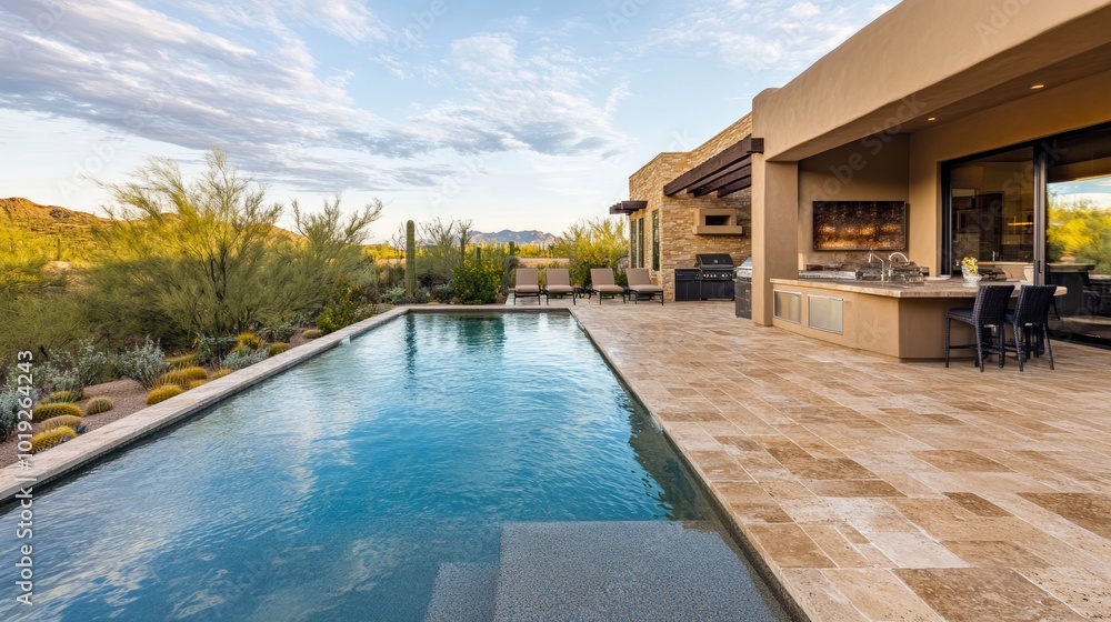 Fototapeta premium A desert landscaped backyard featuring a travertine pool deck and outdoor kitchen