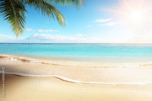 Tranquil beach with gentle waves and clear sky