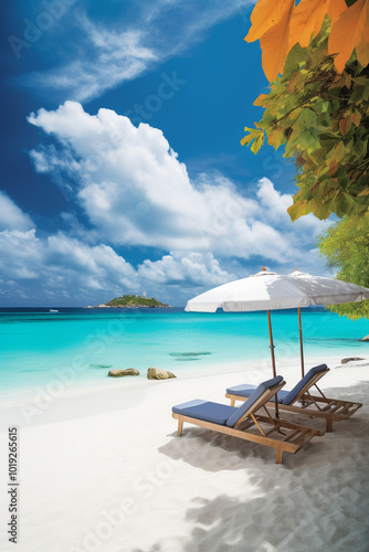  Beach chair and umbrella, vacation background. copy space