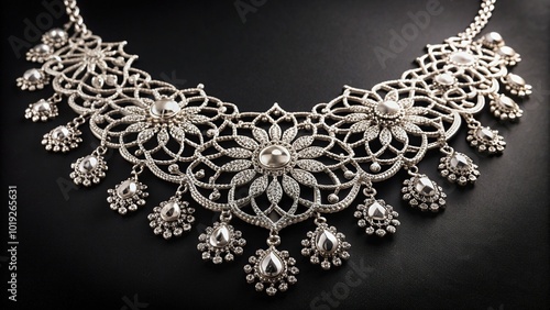 Dazzling silver necklace featuring intricate filigree design adorned with radiant rhinestones, sparkling against a soft, velvety black background, evoking luxury and sophistication. photo