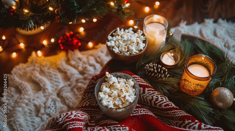 Cozy Christmas Scene with Popcorn and Decorations Cozy Christmas Scene with Popcorn and Decorations