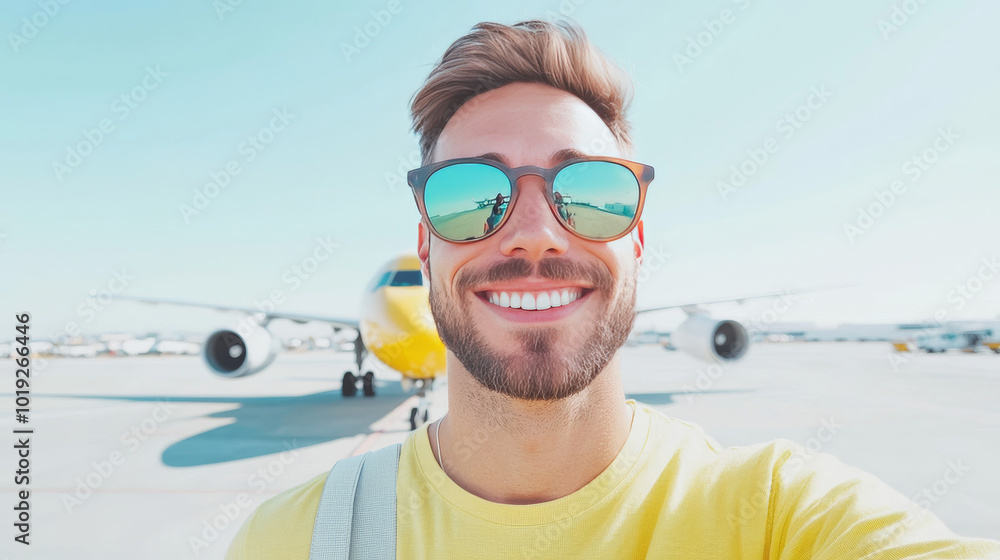 Smiling man in sunglasses takes a selfie in front of an airplane. Smiling man in sunglasses takes a selfie in front of an airplane.
