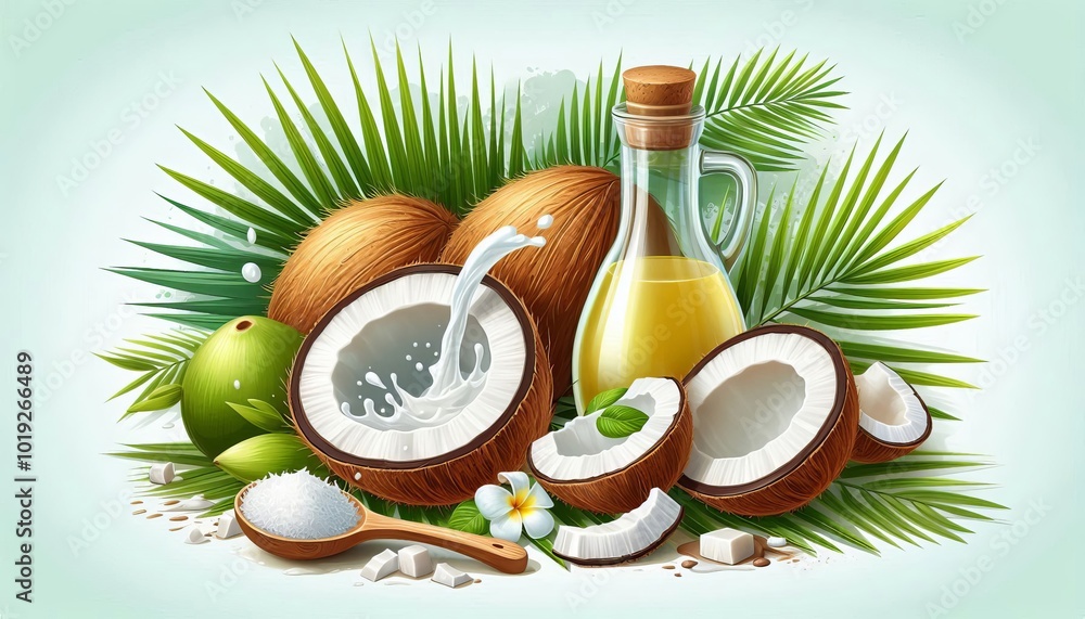 coconut, half with milk splash and pieces fruit, green palm leaf, coconut oil in glass bottle.