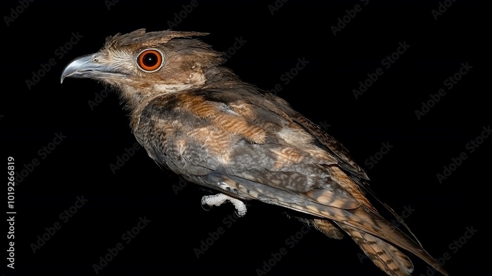 Fototapeta premium Common Potoo Bird on Black Background, Photo Realistic, Standard Background, Wallpaper, Cover and Screen for Smartphone, PC, Laptop, 9:16 and 16:9 Format
