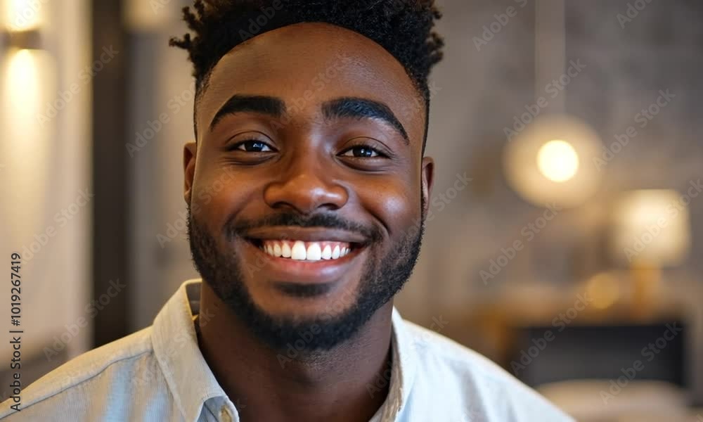 handsome young african american man standing in his living room smiling handsome young african american man standing in his living room smiling