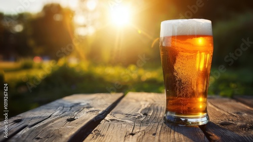 Refreshing Beer in Sunset Glow on Rustic Table