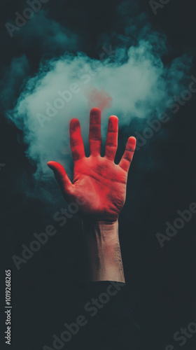 A hand with red paint reaches up towards a cloud of smoke.