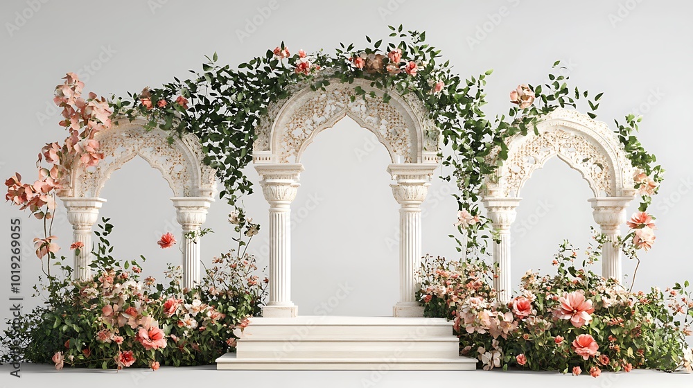 Fototapeta premium Mughal Garden Illustration with Spring Flowers and Ancient Architecture 