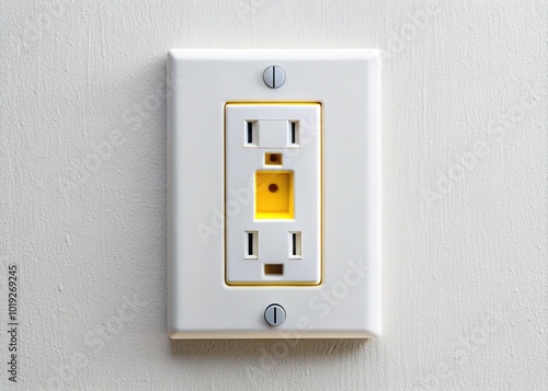 A close-up view of a Ground Fault Circuit Interrupter (GFCI) outlet with a yellow 