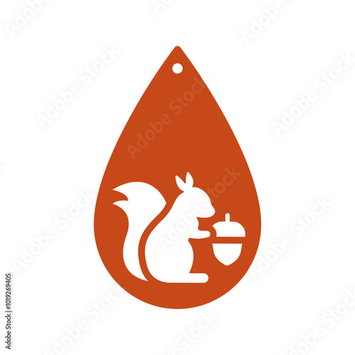Teardrop design for earrings, pendant or keychain with squirrel and acorn. Jewelry silhouette laser cut template. Cnc cutting with metal, wood or leather