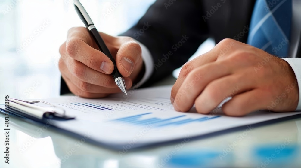 Businessman is writing report about irregularities in company data Businessman is writing report about irregularities in company data