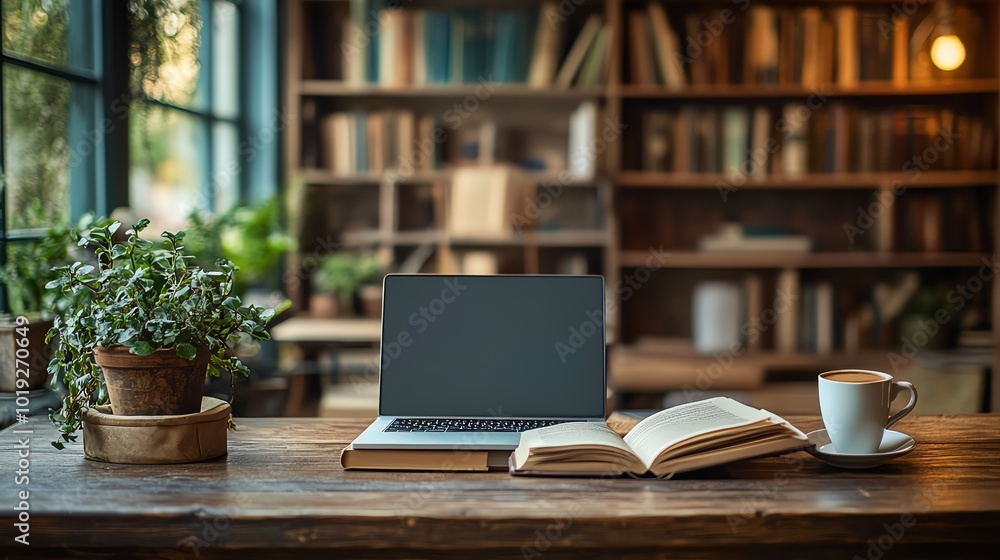 Peaceful library scene with a book, closed laptop, and a coffee cup resting on an old wooden desk, book and laptop coffee break, study sanctuary Peaceful library scene with a book, closed laptop, and a coffee cup resting on an old wooden desk, book and laptop coffee break, study sanctuary