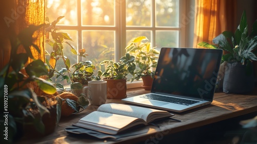 Wooden table with a laptop, paperback book, and coffee cup, sunlight streaming through the window, book and laptop coffee break, morning routine