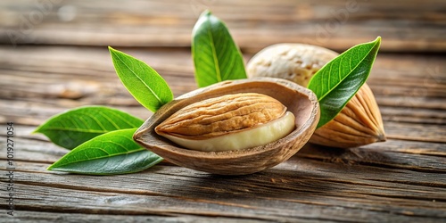 A delicate, partially cracked open sweet almond shell reveals a creamy white nutmeat, surrounded by soft green leaves on a rustic wooden table surface. photo